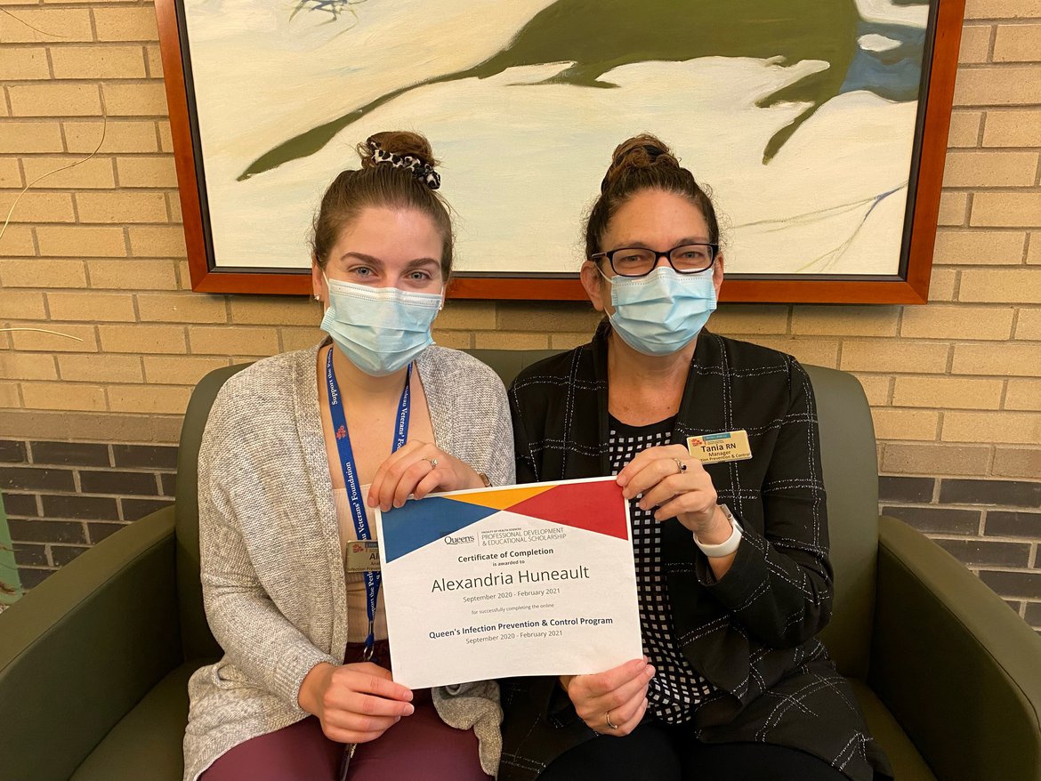 Tania Paolini, Manager of Infection Prevention and Control congratulates Alex Huneault, Infection Control Analyst and Sousan Jabbariazar (missing from photo). Alex and Sousan were 2020 Professional Development Fund Recipients. 